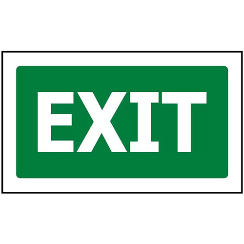 Exit Sign Luminous 340 x 200 ACM, featuring a green background with white text, designed for durability with UV-stabilized inks and ACM construction, suitable for indoor and outdoor safety signage.