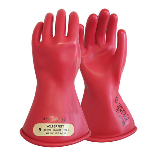 Volt Insulated Glove 280mm (500V) Class 00 displayed on a mannequin hand, designed for medium voltage electrical work, featuring a rolled edge cuff and compliance with IEC60903 standards.