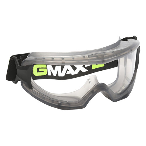 Gmax-E Vented Safety Goggle: Clear, featuring an ergonomic design for comfortable wear over spectacles. Incorporates anti-fog and scratch-resistant lenses, indirect venting, and a wide adjustable strap for optimal fit.