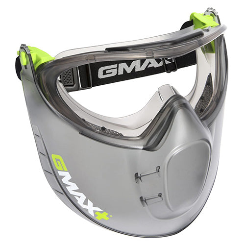 Gmax+ Goggle/Face Shield Combo: Clear, showcasing ergonomic design for comfort over spectacles, indirect venting for clarity, and UV400 lenses for protection, ideal for safety-conscious environments like Active Safety's offerings.