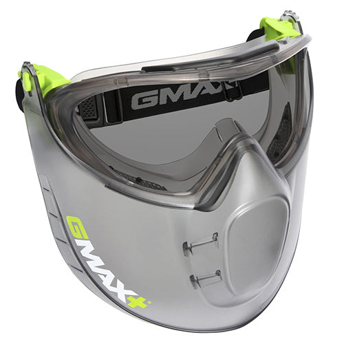Gmax+ Goggle/Face Shield Combo: Smoke, featuring an ergonomic design with indirect venting, snug PVC frame, adjustable strap, and pivoting faceshield, providing superior protection and comfort over spectacles.