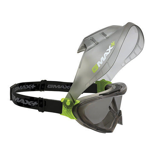 Gmax+ Goggle/Face Shield Combo: Smoke features a close-up of ergonomic goggles with indirect venting and an adjustable strap, designed to fit over spectacles while ensuring UV400 protection and comfort.