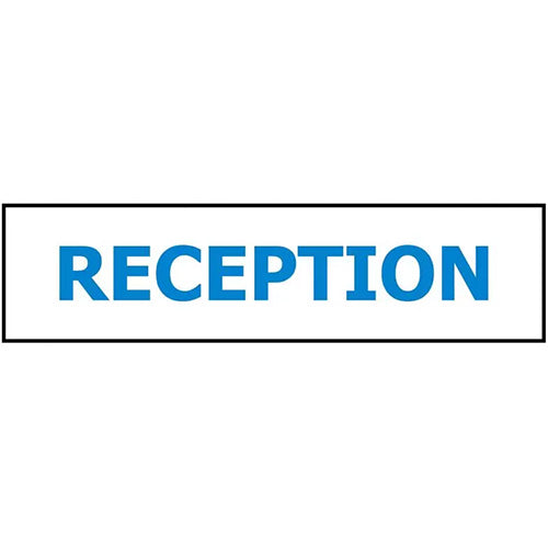 Reception Sign: 400 x 100 ACM, featuring a blue and white logo, designed for durability with UV-stabilised ACM, ideal for both indoor and outdoor use.