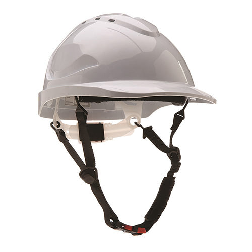 Pro 4-Point Chin Strap Harness shown with adjustable chin strap and quick release buckle, designed to retrofit Pro Choice hard hats for enhanced safety and compatibility with various brands.
