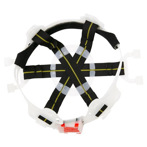 Load image into Gallery viewer, Pro Replacement Pushlock Harness for V9 Hard Hat features a sleek black and white design with yellow straps, offering a cost-effective solution for replacing helmet harnesses, ideal for safety gear enthusiasts.