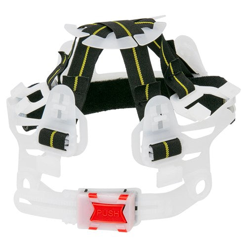 Pro Replacement Pushlock Harness for V9 Hard Hat: This helmet accessory features a white and black design with adjustable straps and a prominent red and white push button, ideal for safety gear enhancements.