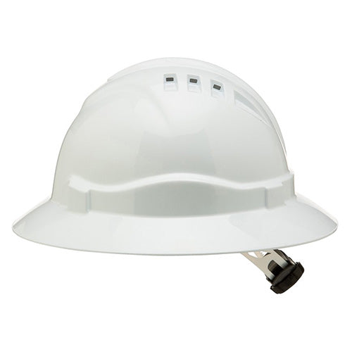 Pro Vented Full Brim Hard Hat: White, featuring a durable ABS shell with a clip, six air vents, and a six-point ratchet harness for comfort and safety, ideal for workplace protection.