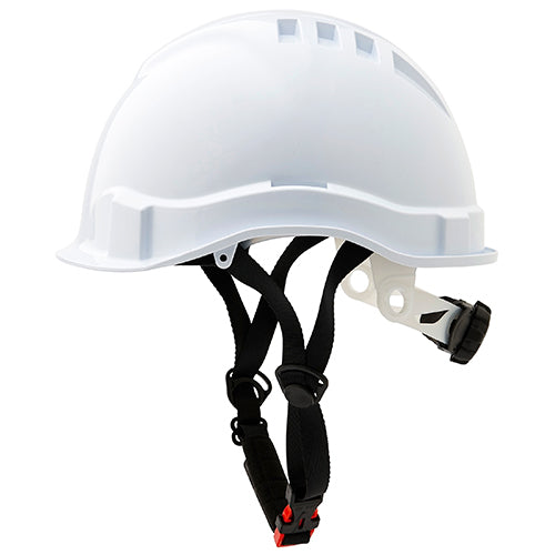 Pro Airborne Hard Hat Vented Micro Peak: White, featuring a secure black strap for a snug fit, ideal for optimal vision. Perfect for workplace safety, this helmet is a key part of personal protective equipment.