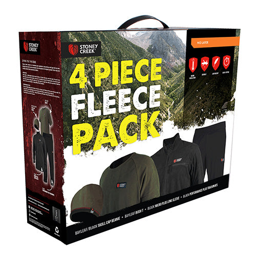 Stoney Creek 4 Piece Fleece Pack box featuring images of a jacket and pants, ideal for versatile outdoor activities, highlighting the pack's utility in various settings.