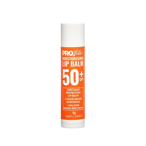 Pro Bloc SPF 50+ Lip Balm 4g in a white and orange tube, designed for intensive sun protection, perfect for outdoor work environments, featuring moisturizing Vitamin E and Aloe Vera. Ideal for safety-focused outdoor activities.