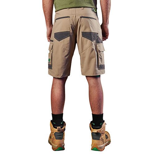 FXD LS-1 Lightweight Stretch Work Short displayed, featuring multiple utility pockets and durable DURA500™ abrasion panels, ideal for active work environments, emphasizing functionality and comfort for safety-oriented tasks.