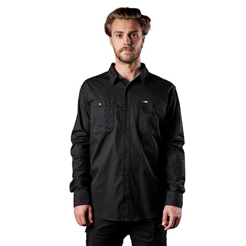 FXD LSH-1 Long Sleeve Work Shirt, featuring dual button-down chest pockets, a tailored fit, and triple needle seams, worn by a man, exemplifying durable workwear.