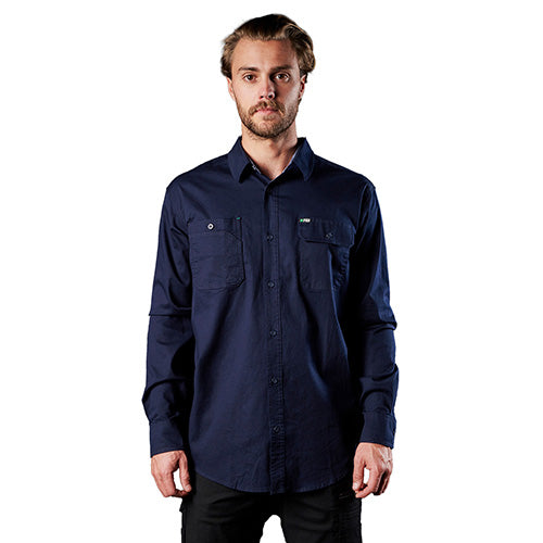 Load image into Gallery viewer, FXD LSH-1 Long Sleeve Work Shirt featuring a tailored fit with dual button-down chest pockets, drop tail, and triple needle seams, ideal for comfortable and flexible workwear.