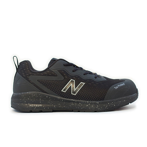 New Balance Logic Safety Shoe, Black/Orange, featuring a sleek black design with a white logo, ideal for workplace safety with composite toe and slip-resistant outsole, perfect for active environments.