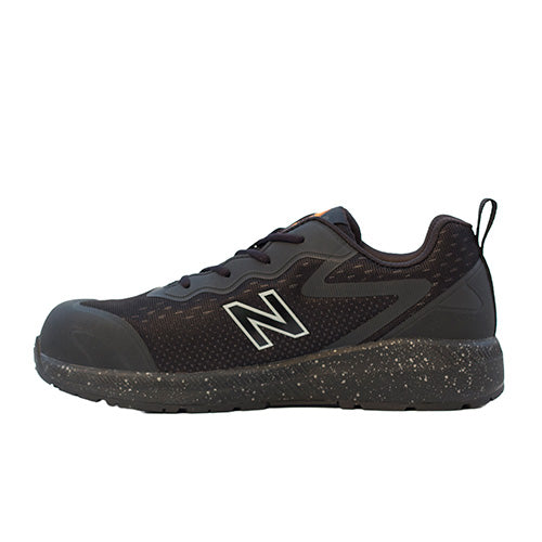 New Balance Logic Safety Shoe, Black/Orange, features a sleek design with a prominent white logo. This versatile safety sneaker combines athletic performance and workplace protection, ideal for New Zealand's safety-conscious professionals.