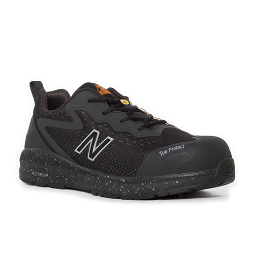 Load image into Gallery viewer, New Balance Logic Safety Shoe, Black/Orange, featuring a sleek black design with white text, highlighted by a durable rubber outsole and composite toe, ideal for workplace safety and comfort.