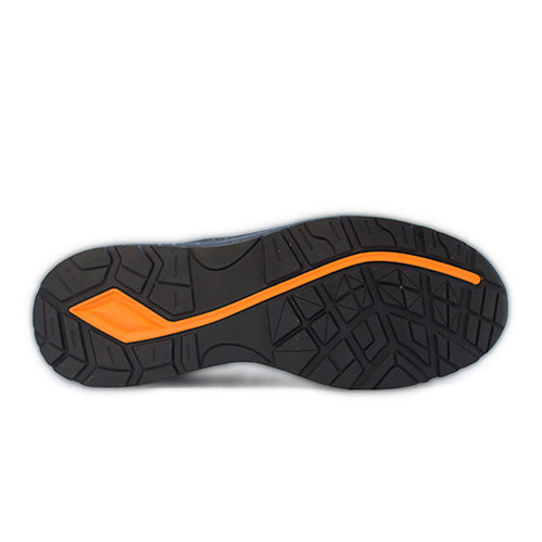 New Balance Logic Safety Shoe, Black/Orange, featuring a close-up of the sole, highlighting the slip-resistant outsole and Kevlar anti-penetration midsole, ideal for workplace safety and comfort.
