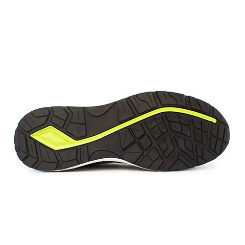 New Balance Logic Safety Shoe, Grey/Lime, showcasing its durable, slip-resistant sole and lightweight rubber outsole, ideal for workplace safety with Kevlar midsole and composite toe, designed for comfort and agility.