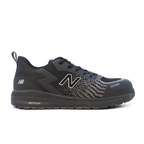 New Balance Speedware Safety Shoe, Black/Black, features a sleek design with a prominent N logo. Ideal for active workers, it combines comfort and slip resistance with a composite toe for safety.