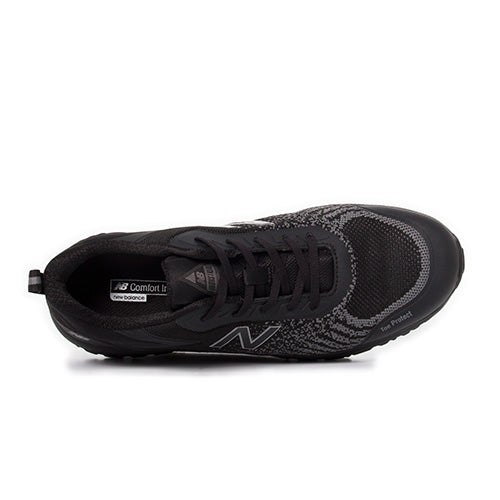 New Balance Speedware Safety Shoe, Black/Black, designed for active work environments, features a sleek silhouette with composite toe, slip-resistant outsole, and performance midsole for comfort and safety.