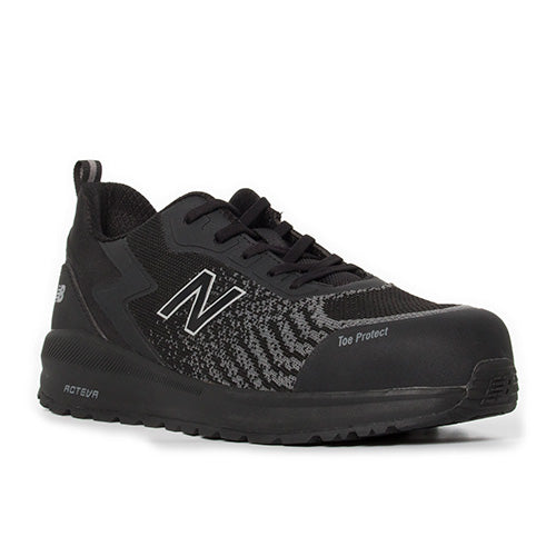 Load image into Gallery viewer, New Balance Speedware Safety Shoe, Black/Black, featuring a white logo. Designed for active workers, it includes slip-resistant outsole and Kevlar midsole, ideal for diverse indoor and outdoor conditions.