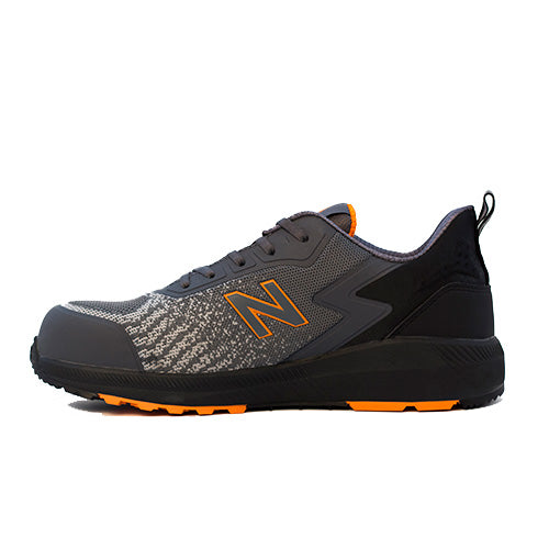 New Balance Speedware Safety Shoe, Grey/Orange, features a sleek design with Kevlar midsole, composite toe, and slip-resistant outsole, ideal for active workers seeking comfort and protection in various environments.