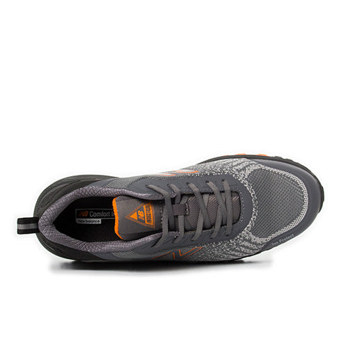 Load image into Gallery viewer, New Balance Speedware Safety Shoe, Grey/Orange, designed for active workers, features a close-up view of its composite toe and slip-resistant outsole, showcasing lightweight yet durable craftsmanship for optimal workplace safety and comfort.