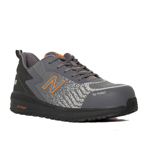 New Balance Speedware Safety Shoe, Grey/Orange: A lightweight sneaker with a composite toe, Kevlar midsole, and slip-resistant outsole, designed for comfort and safety in active work environments.