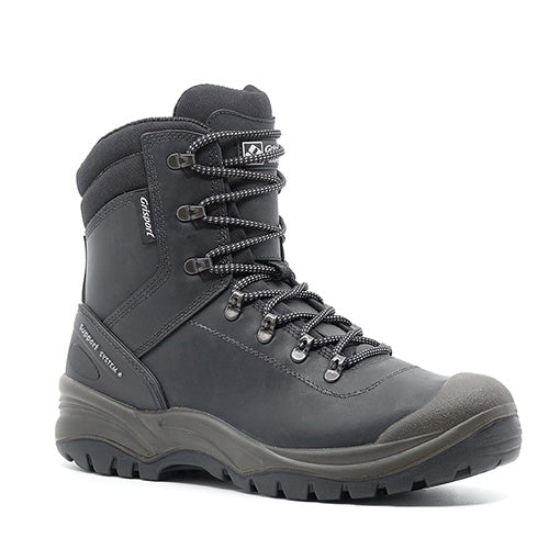 Load image into Gallery viewer, Grisport Monza Zip Safety Boots in black, featuring laces, durable YKK zip, and robust steel toe. Designed for workplace safety, these Italian-made boots offer heat-resistant outsoles and a supportive leather upper.