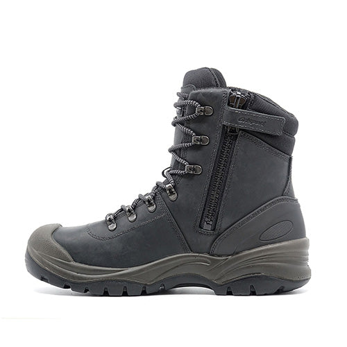 Grisport Monza Zip Safety Boots feature a durable black Dakar leather upper with a robust YKK zip, steel toe, and heat-resistant outsole, embodying Italian craftsmanship for superior workplace safety.