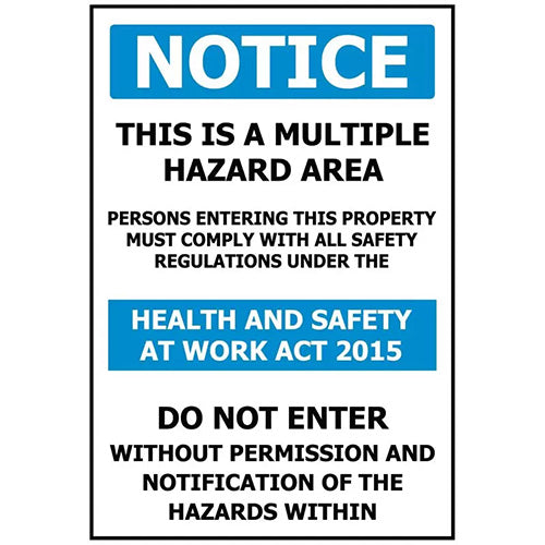 Notice Multi Hazard Area Sign: 480 x 600 ACM displayed, featuring durable Aluminium Composite Material, ideal for both indoor and outdoor use, reflecting Active Safety's commitment to reliable workplace safety products.