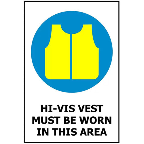 Hi-Vis Vest Must Be Worn Sign: 240 x 340 ACM, featuring a yellow vest symbol in a blue circle, ideal for indoor and outdoor safety signage. Suitable for various environmental conditions.