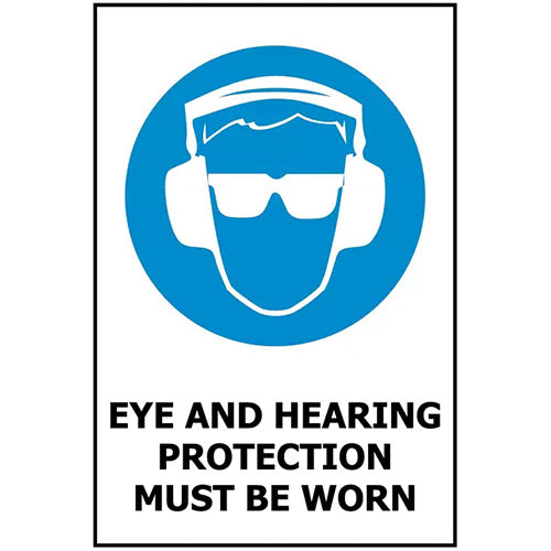 Eye and Hearing Protection Must Be Worn Sign 240 x 340 ACM, featuring a blue circle with a face and glasses logo, designed for durability with UV-stabilized inks and aluminum composite material, suitable for indoor and outdoor use.