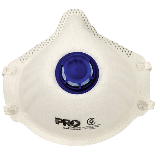 Pro Valved P2 Respirator Box/20: A white face mask featuring a central blue circle, designed to protect against dust, mists, and fumes. Suitable for various industrial safety needs.