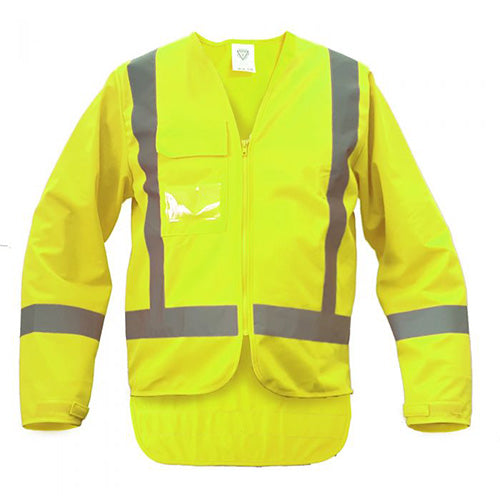 Caution Day/Night Long Sleeve Safety Vest featuring grey stripes, zip closure, long sleeves with Velcro cuffs, and chest cellphone pocket. Designed for high visibility, complying with AS/NZS safety standards.