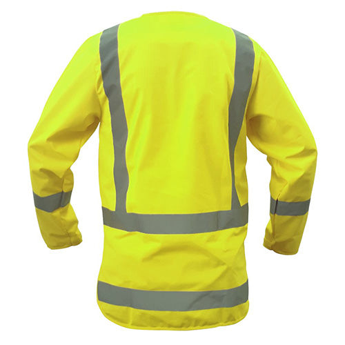 Caution Day/Night Long Sleeve Safety Vest featuring a zip closure, long tail, and Velcro cuff straps. Includes a cellphone chest pocket with flap and clear ID pocket, designed for high visibility and safety compliance.