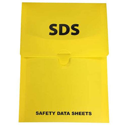 SDS Soft Pouch Wall Holder; a yellow file-like holder designed to store safety data sheets, suitable for offices and clean workshops, accommodating up to 200 A4 sheets.