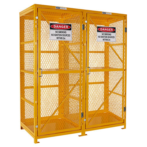 Pratt Forklift Cylinder Storage Cage Flat Pack: Yellow metal cabinet with welded steel mesh doors and signs, featuring magnetic door catches and forklift compatibility for secure outdoor cylinder storage. Assembly required.