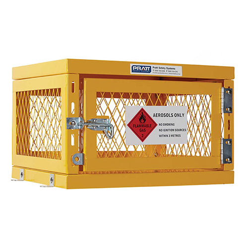 Pratt Aerosol Cage (Holds 42 Cans) Flat Pack, featuring a robust yellow steel construction with mesh sides for ventilation, a solid roof and floor, magnetic door catches, and safety signs.