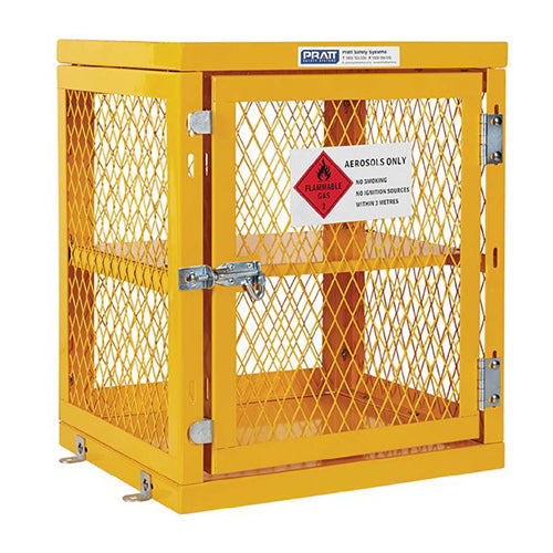 Pratt Aerosol Cage (Holds 84 Cans) Flat Pack, featuring a yellow metal structure with red safety sign, solid roof, mesh sides, and secure doors suitable for safe storage of aerosol cans.
