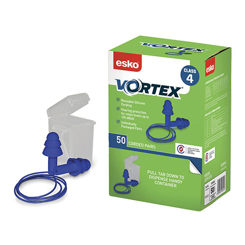 Esko Vortex Corded Earplugs Class 4 Box/50 shown with individual pairs in sealable plastic cases. Ideal for noise protection in workplaces, reflecting Active Safety's commitment to high-quality safety gear.