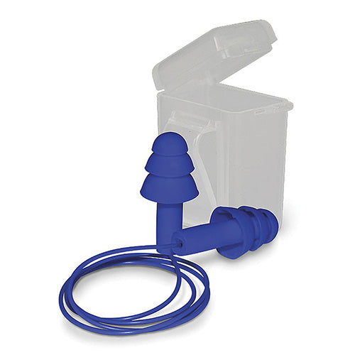 Esko Vortex Corded Earplugs Class 4 Box/50 displayed; features a blue earplug with an attached wire, ideal for noise protection, packed in a sealable case. Suitable for safety and workplace environments.