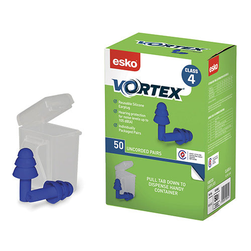 Esko Vortex Uncorded Earplugs Class 4 Box/50, showcasing a box containing multiple reusable earplugs, each pair is presented in a sealable case with a belt hook for easy access and convenience.