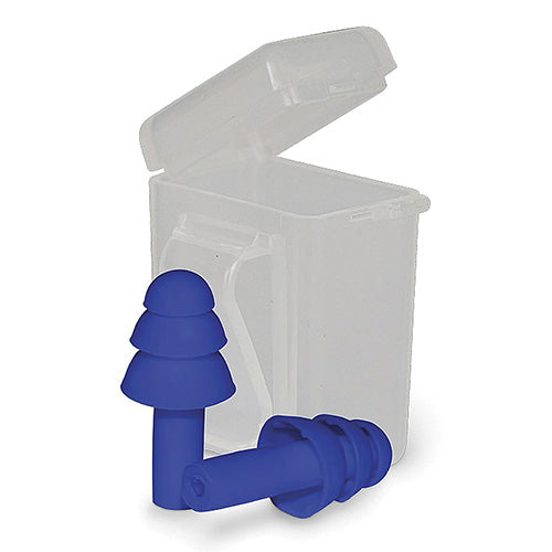 Esko Vortex Uncorded Earplugs Class 4 Box/50 displayed with blue TPR earplugs next to a plastic container, emphasizing comfort and noise protection, ideal for workplace safety environments.