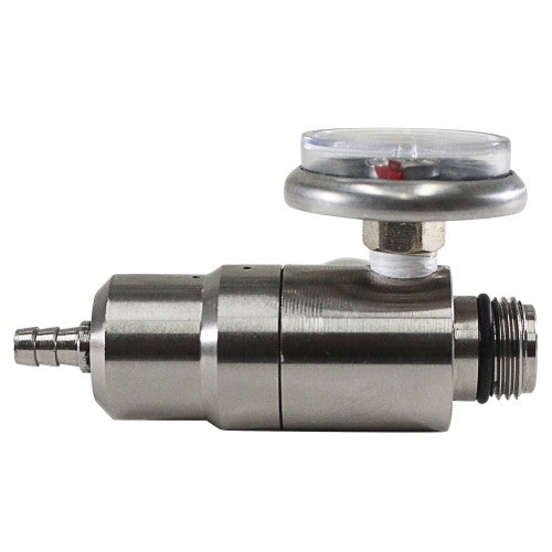Load image into Gallery viewer, 110 Series, Constant Flow Regulator: 0.5 LPM, shown in a close-up of its pressure gauge and metal components, featuring a nickel coating for use with various gases and an on/off threaded screw valve.