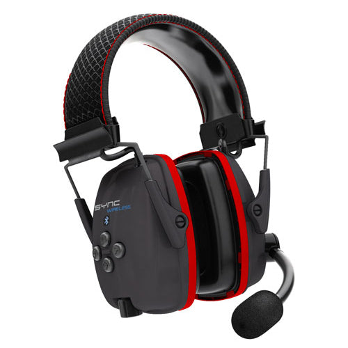 Honeywell Wireless Bluetooth Earmuffs (Class 5) featuring a sleek black and red design, ergonomic ear pads, and a robust boom microphone for clear communication and noise attenuation in industrial settings.
