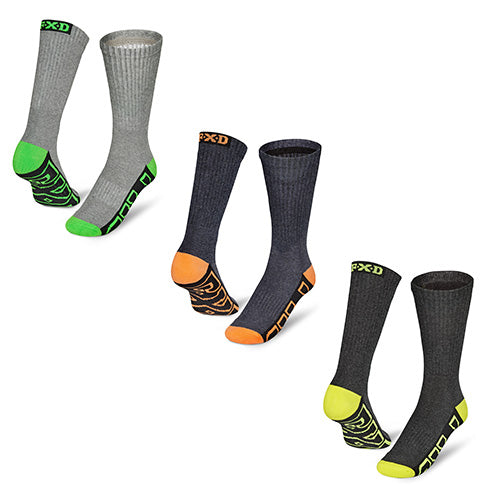 FXD SK-1 Work Socks: Size 7-11 (5 Pack) featuring a jersey knit design with jacquard logo, padded foot bed, heel, and arch support. Displayed in assorted colors, ideal for safety and workwear.