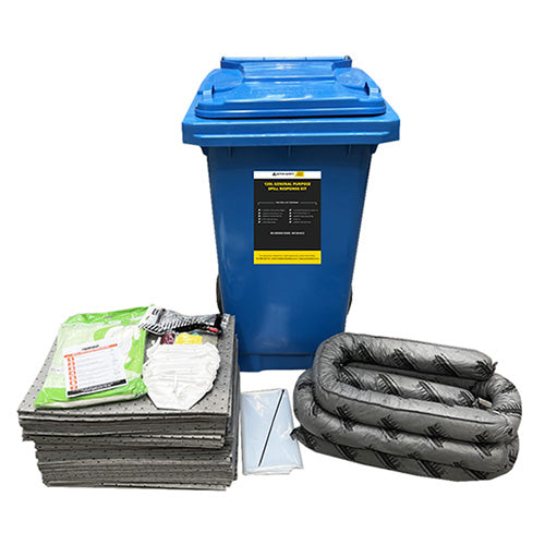 SpillTech General Purpose Spill Kit 120 Litre in a blue wheelie bin, designed for easy transport and disposal, includes absorbents, safety gear, and essential spill management tools.