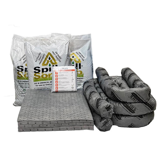 General Purpose Spill Refill Kit 120 Litre, featuring a stack of SpillTech® Universal Pads, Socks, and SpillSorb Absorbent Fibre, essential for workplace safety and spill management.