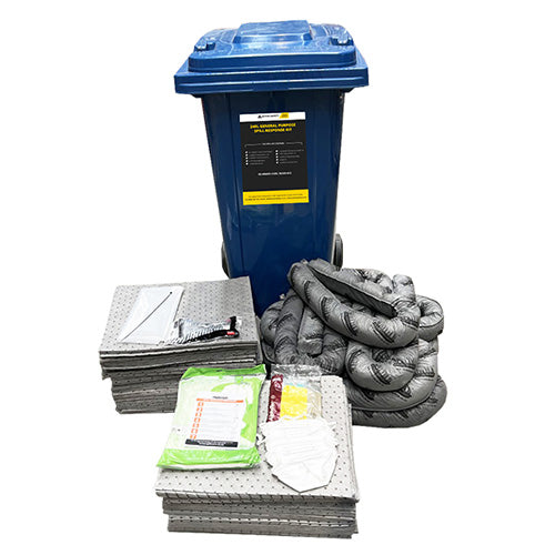 SpillTech General Purpose Spill Kit 240 Litre, featuring a blue wheelie bin with a black and yellow label, designed for efficient spill containment and transport, suitable for various liquid spills.